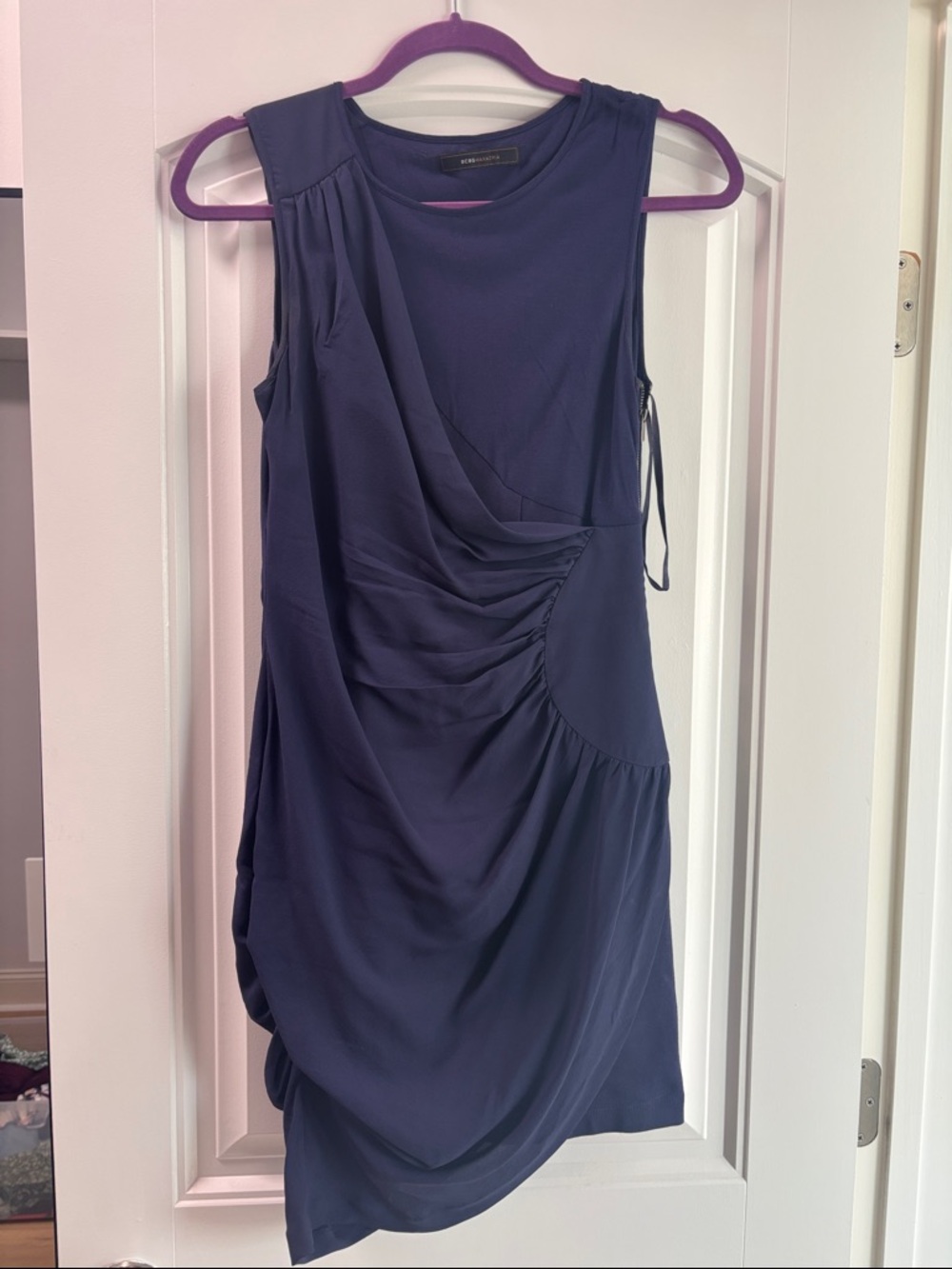 BCBGMaxAzria Navy Asymmetrical Draped Sleeveless Dress